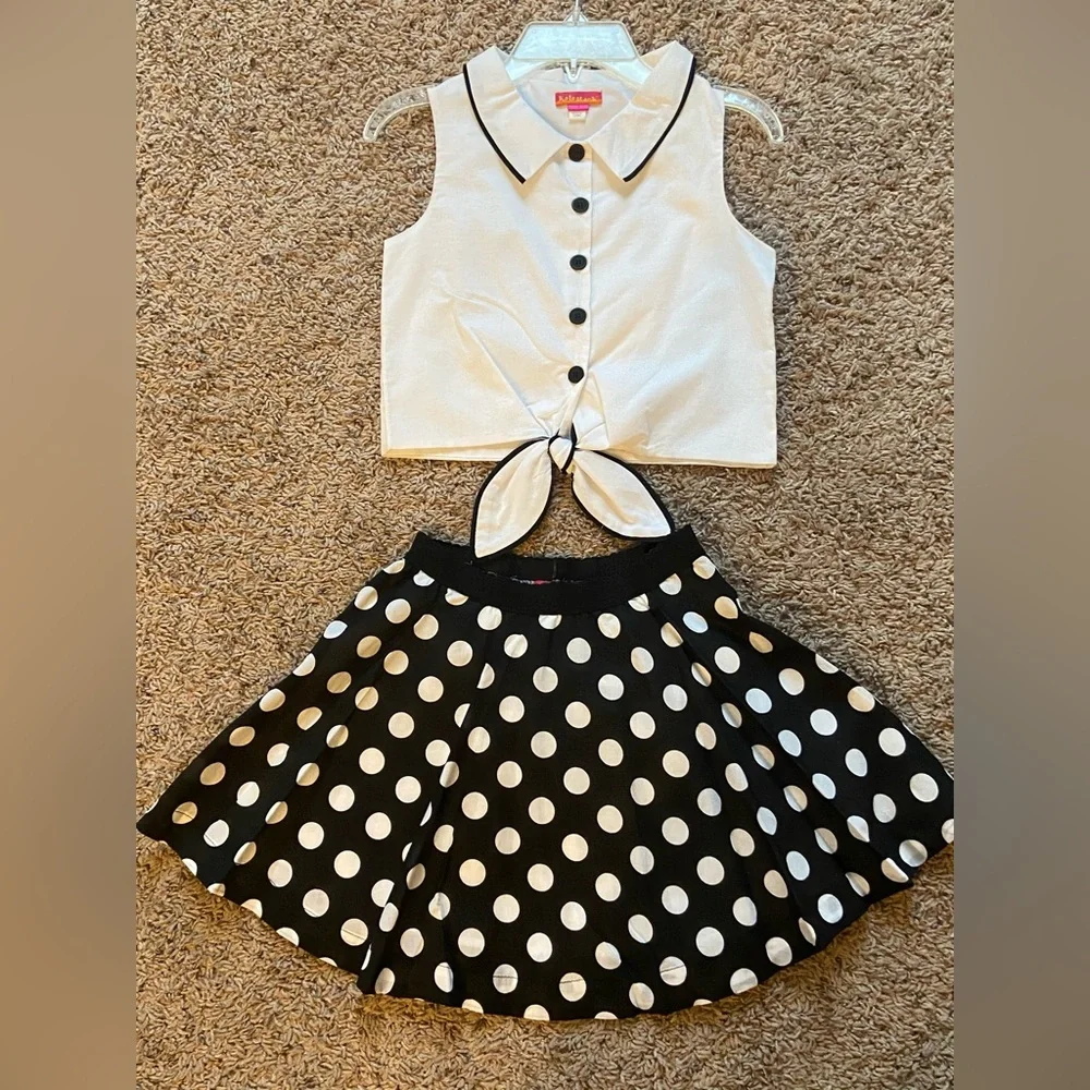 Kate Mack Sock Hop Retro 2pc Cropped Top & Polka Dot Skirt Set Girls NWT sz‎ 8
